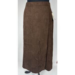 Vintage Chocolate Brown Midi Faux Suede Embroidered Skirt Size 14 L Boho NWT Y2K